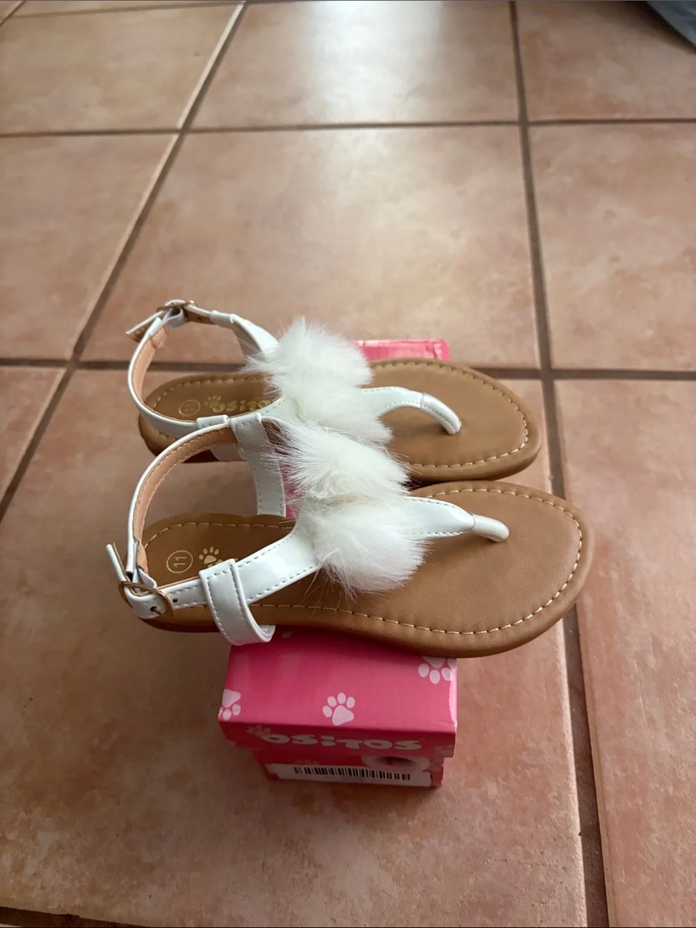 Girls White Faux Fur T-Strap Sandals with Ankle Strap